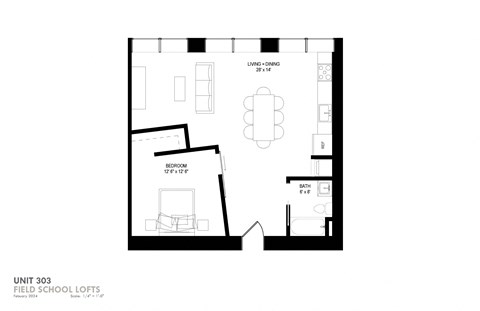 Floor plan for 1 bed, 1 bath, 798 sqft